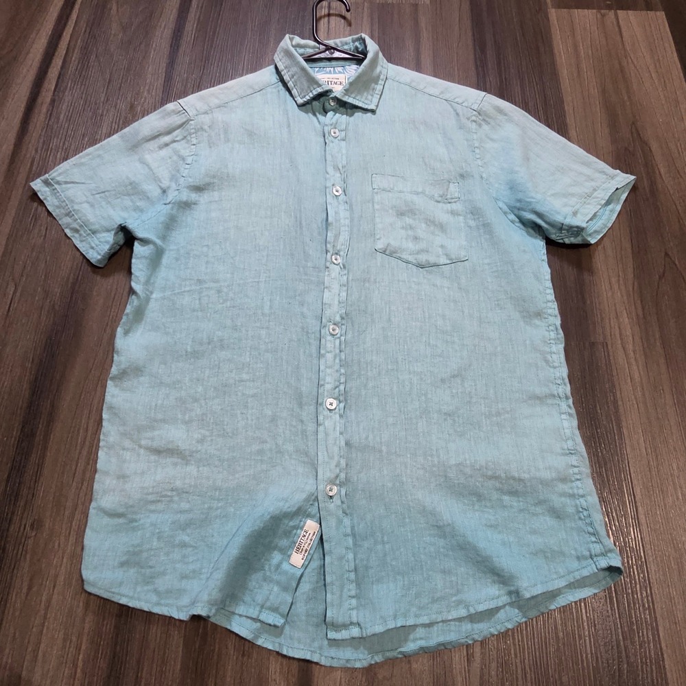 Heritage Report Collection Mens Aqua Blue 100% Linen Short Sleeve Button Down M